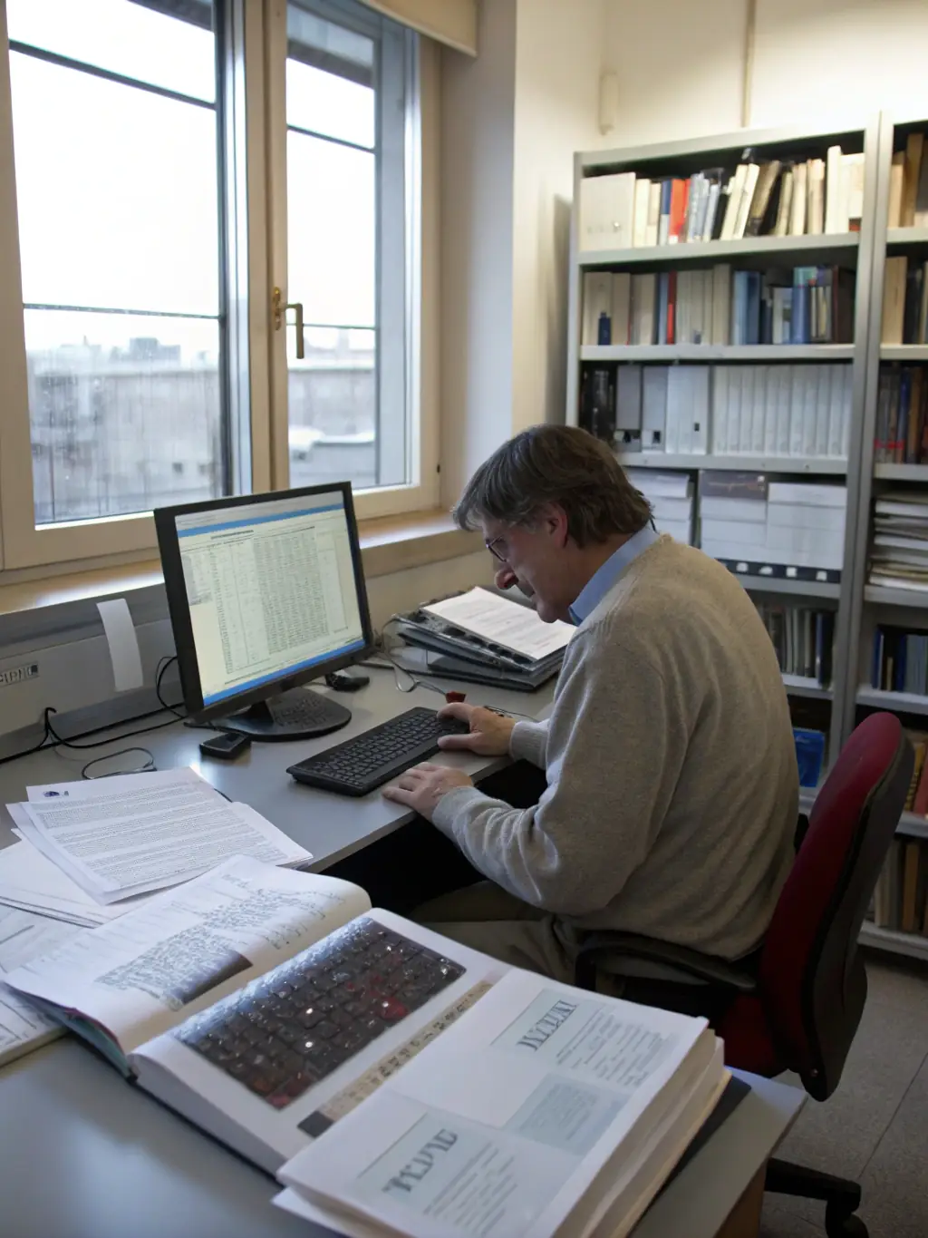 A researcher is analyzing data on a computer screen, surrounded by books and papers, in a brightly lit office at CARFDP, symbolizing data-driven insights.