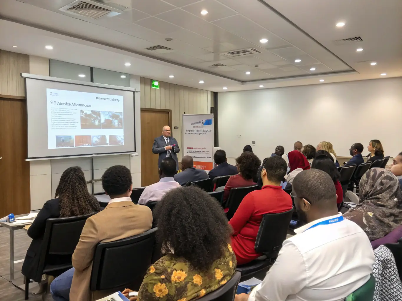 A diverse group of educators attending a seminar on curriculum development, featuring a keynote speaker and interactive Q&A session, set in a professional conference hall with modern presentation equipment.