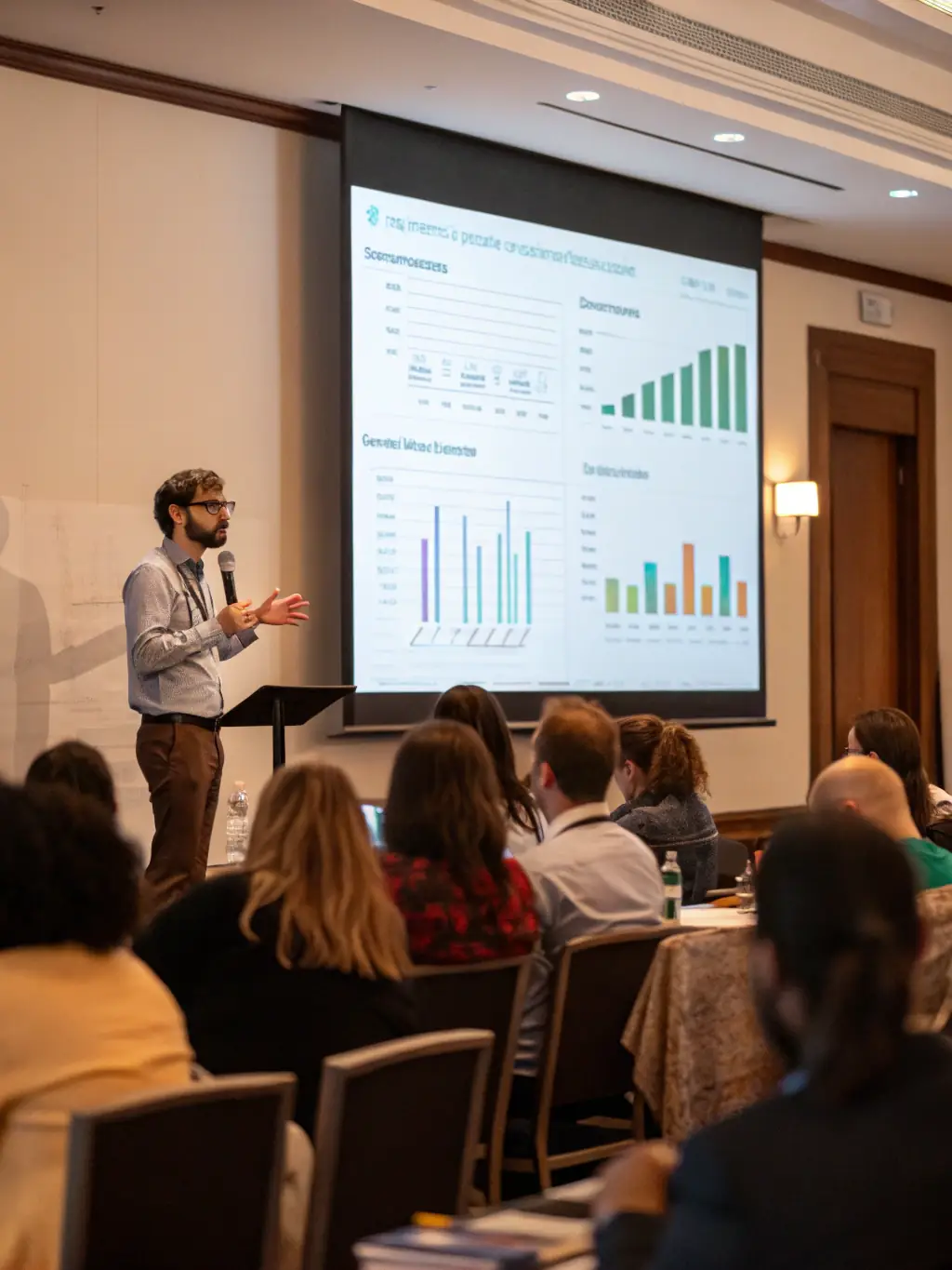 A researcher is presenting findings at a conference, with CARFDP's logo prominently displayed, highlighting the organization's contribution to educational research.