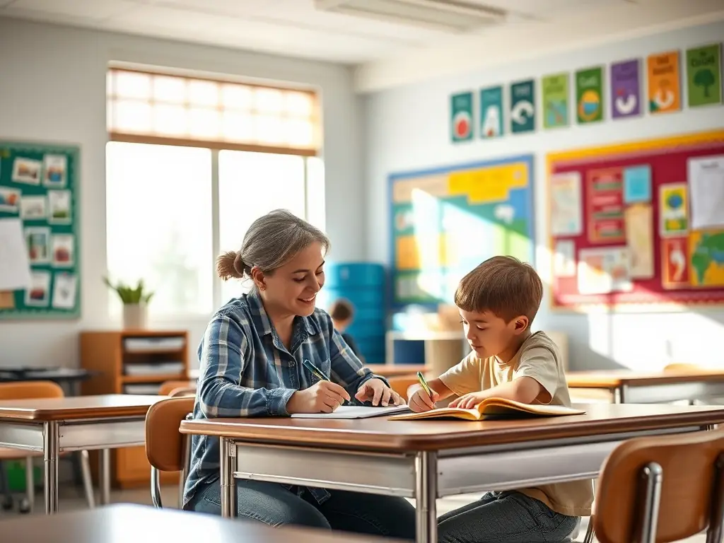 A teacher receiving personalized coaching and feedback from an experienced mentor, focusing on improving classroom management and student engagement, set in a supportive and collaborative school environment.