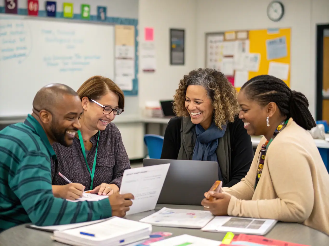 An image of a diverse group of teachers participating in a hands-on workshop, engaging with educational materials and collaborating in a modern classroom setting.