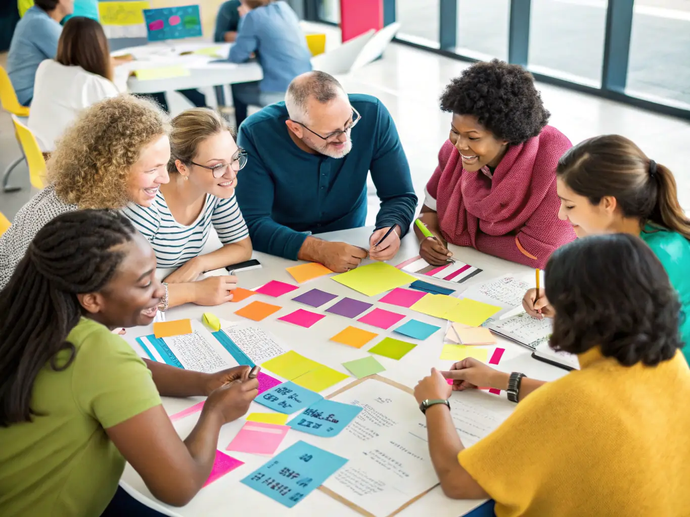 A vibrant image showcasing educators collaborating on a project, surrounded by educational resources and technology, symbolizing innovation and teamwork.