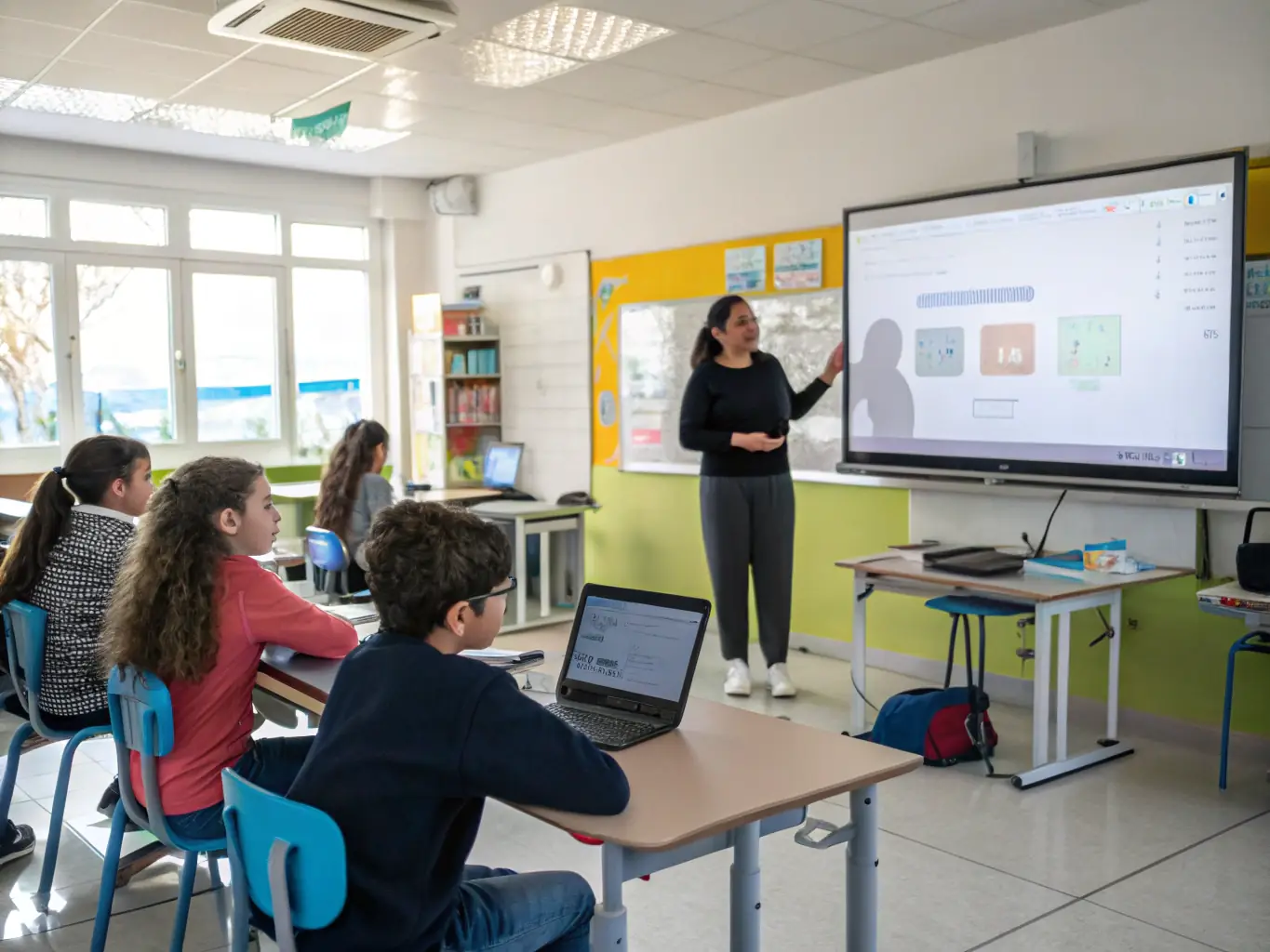 A teacher presenting a lesson using digital tools in a classroom, with students actively engaged and participating. The scene highlights the integration of technology in education.