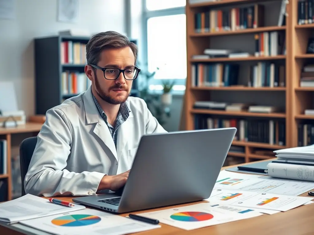 A researcher working with documents and books in a library setting, surrounded by educational resources. The image conveys a sense of scholarly inquiry and dedication to pedagogical research.