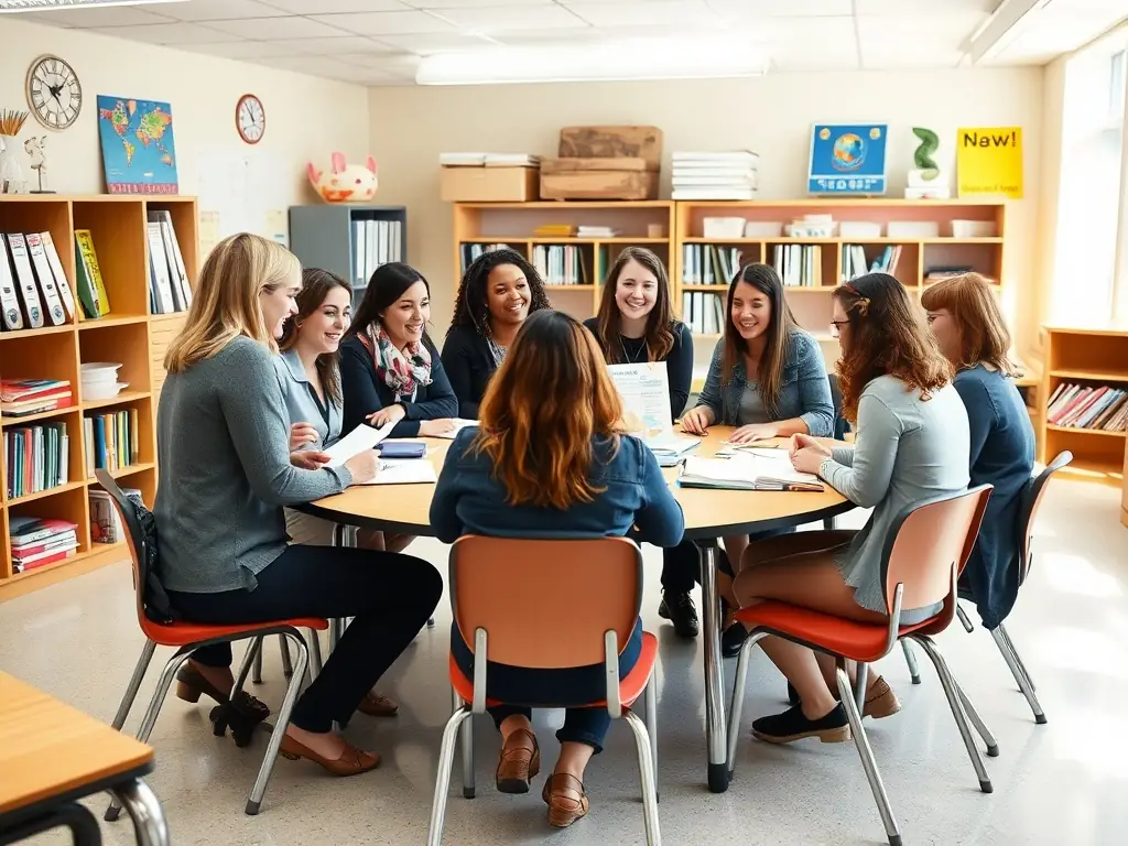 A group of teachers actively participating in a hands-on workshop, collaborating on a project with smiles and enthusiasm, set in a modern, well-equipped training room. The scene emphasizes collaboration and practical learning.