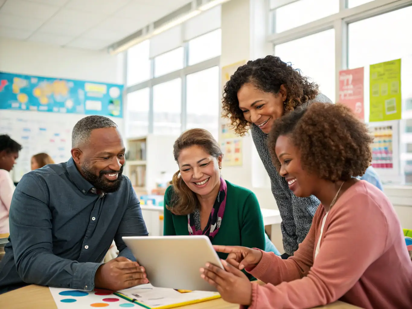 A group of teachers actively participating in a hands-on workshop, focusing on innovative teaching techniques, set in a modern classroom environment with interactive displays and collaborative learning tools.